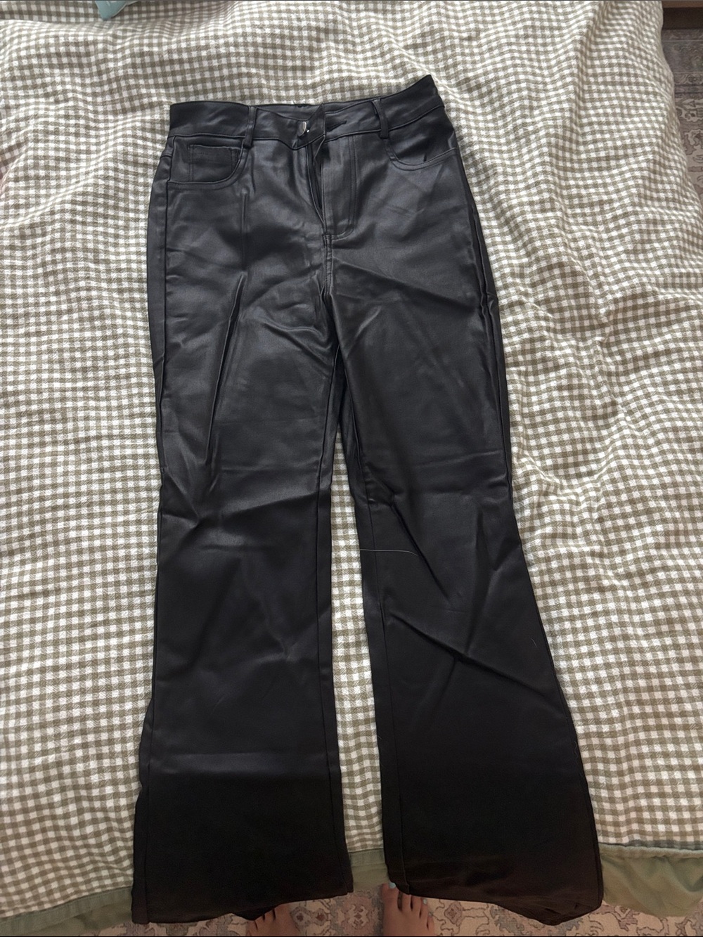 Black Faux Leather Flare Jeans - Women's